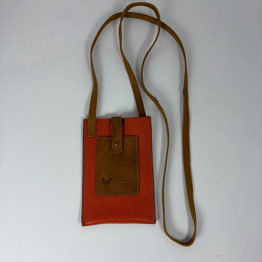 Le Papillon Leather Crossbody Phone Pouch – Burnt Orange & Tan